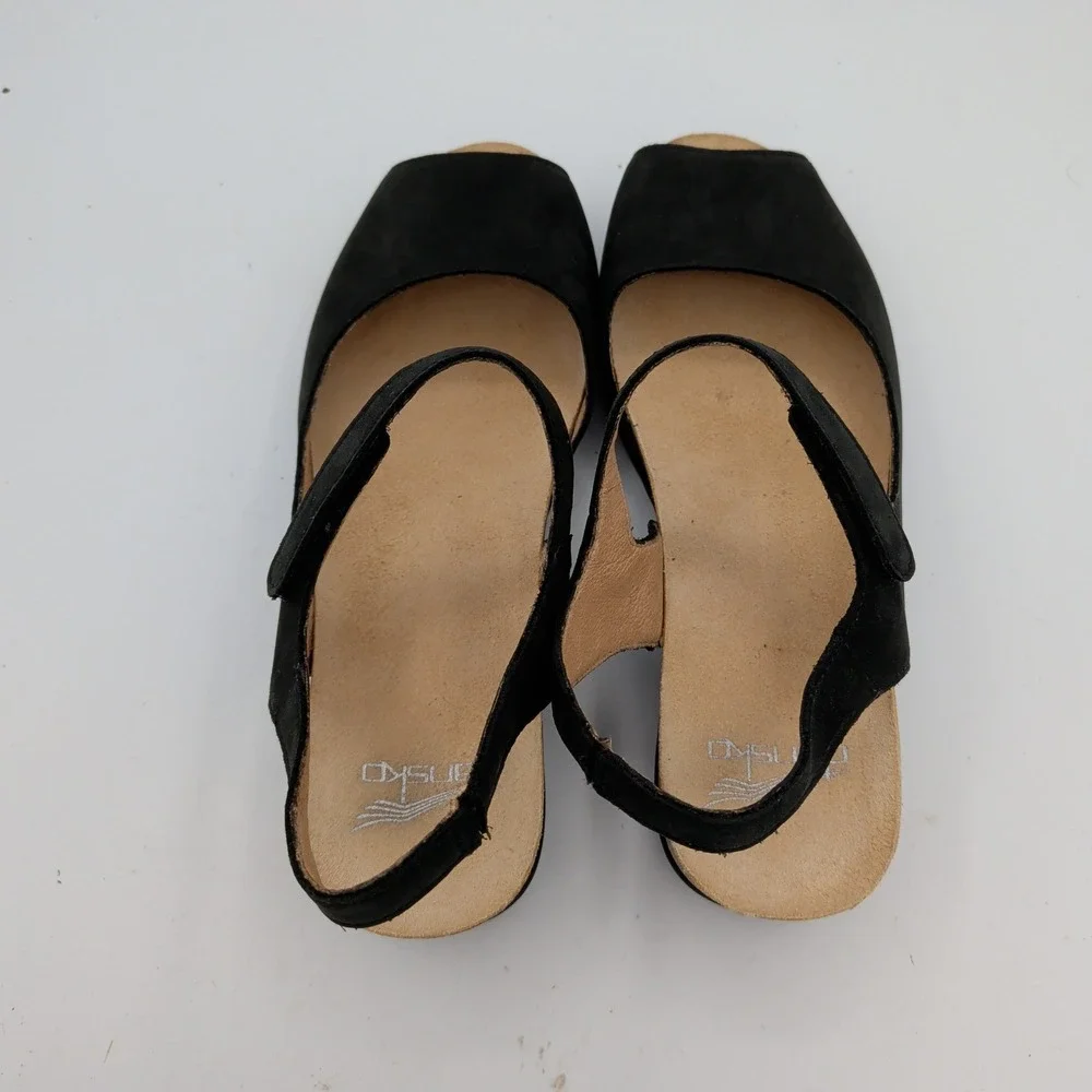 Dansko Marcy Womens 37 Black Leather Peep Toe Wedge Sandals Hook Loop Strap